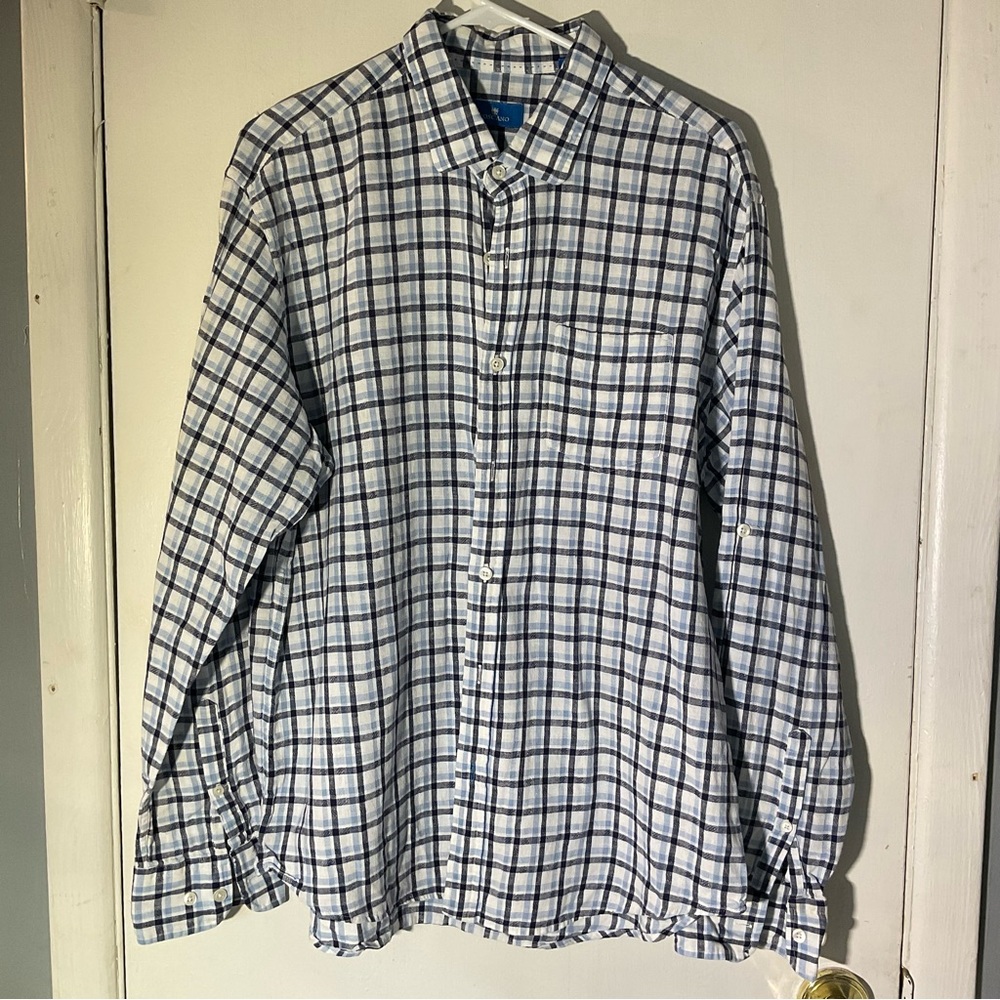 Toscano Blue Plaid Linen Casual Button Down Shirt XL